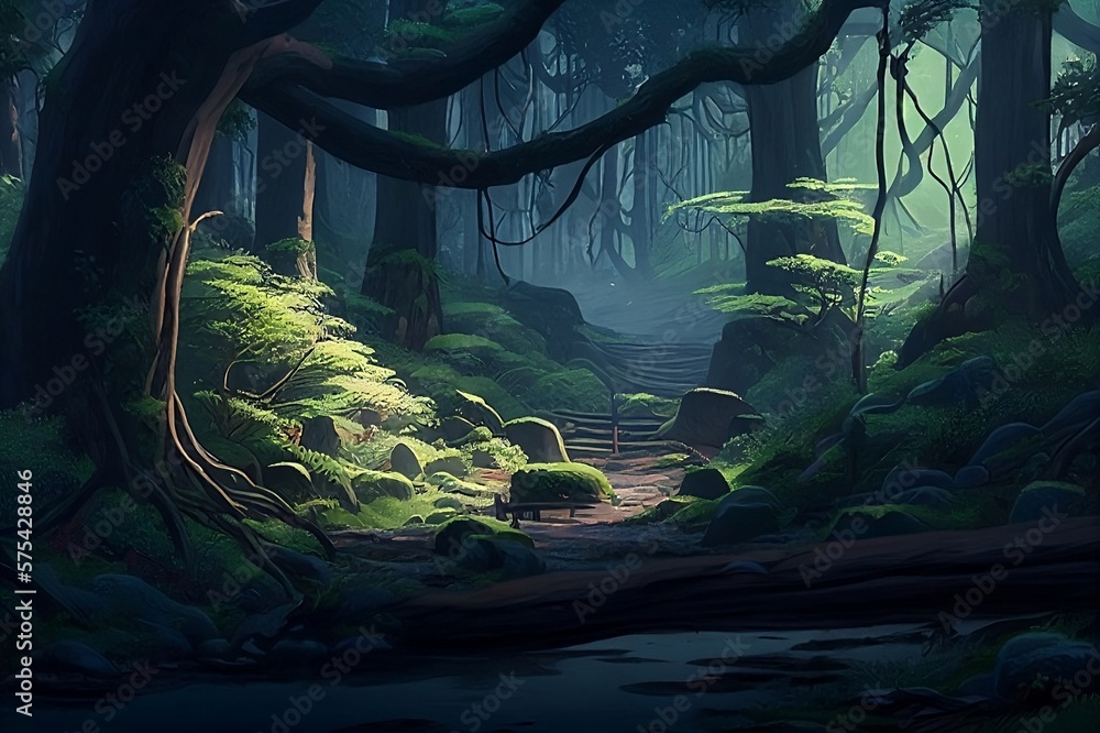 Fantasy landscape with dark forest and stone path. Digital art painting ...