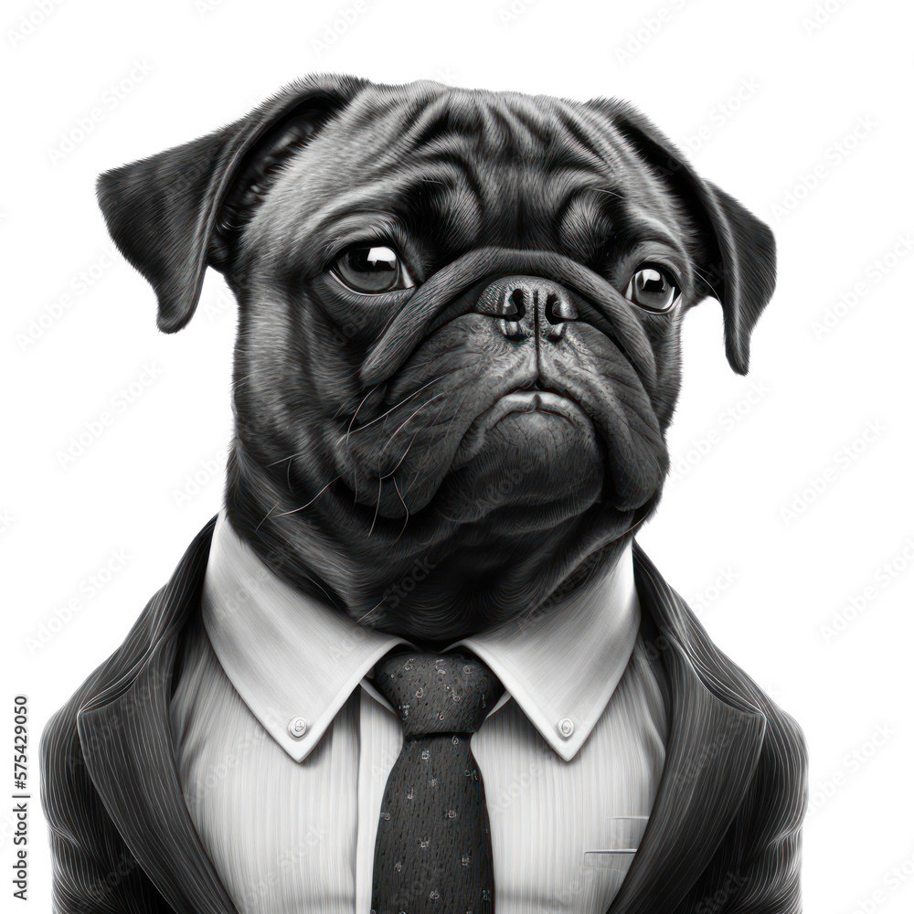 Portrait of a dog dressed in a formal business suit on white background ...