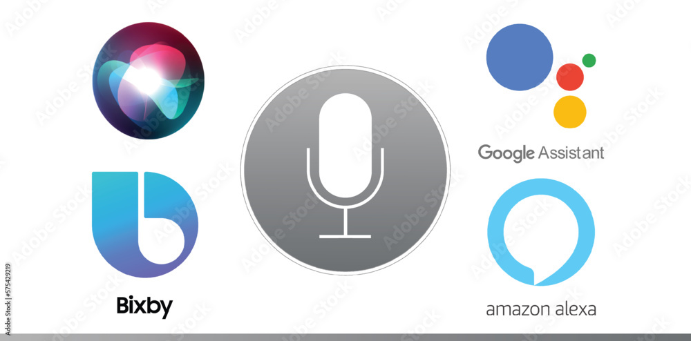 Vetor de Siri logo, Google Assistant mobile app icon,  alexa logo,  Bixby logo do Stock