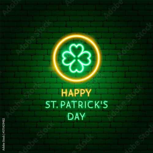 Saint Patricks Day Coin Neon Label. Vector Illustration of Green 17 March Holiday Glowing Led Electric Light.