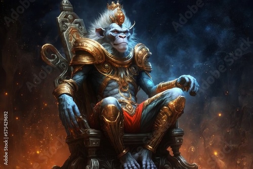 futuristic monkey king sitting on throne always ready created with Generative AI technology