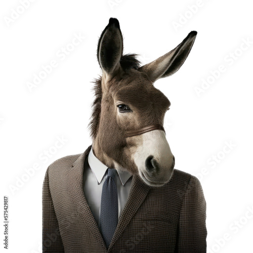 Print op canvas Portrait of a donkey dressed in a formal business suit on white background, tran