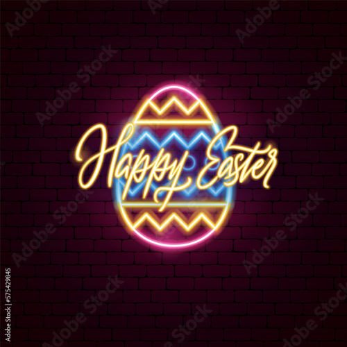Happy Easter Ornamental Egg Neon Label. Vector Illustration of Spring Christianity Religion Holiday Glowing Led Electric Light.