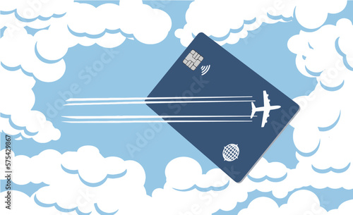 The image of an airliner leaves a contrail design across the face of an air miles reward credit card in this illustration about perks for air travelers.