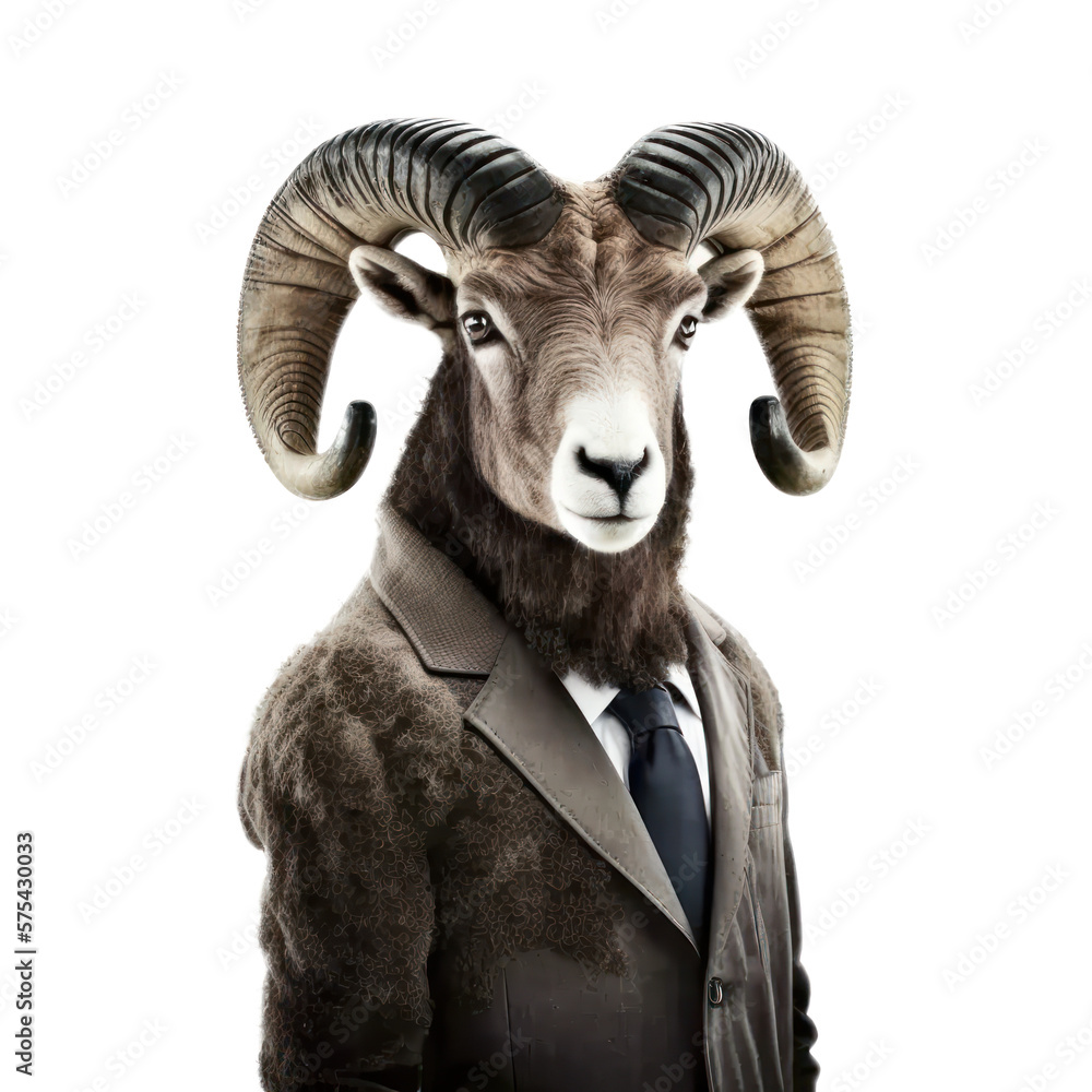 Portrait of a ram dressed in a formal business suit on white background, transparent png, generative ai Portrait of a ram dressed in a formal business suit on white background, transparent png, generative ai
