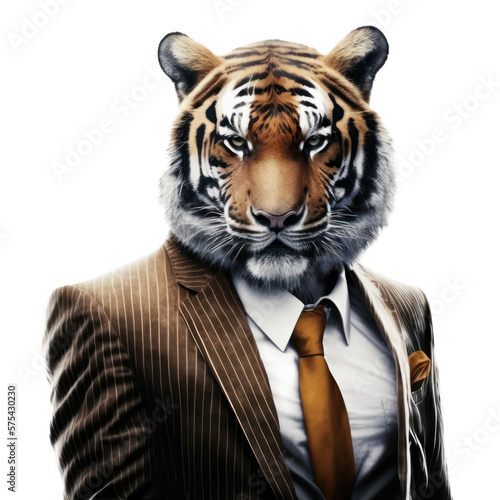 Portrait of a tiger dressed in a formal business suit on white background  transparent png  generative ai