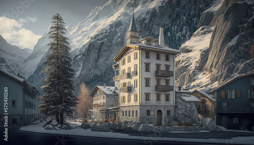 Berglandschaft in Österreich Tirol Salzkammergut mit Bergen Seen Flüssen Illustration Background Hintergrund Photorealismus Cover Generative AI Digital Art Kunst