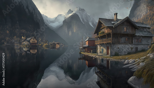 Berglandschaft in Österreich Tirol Salzkammergut mit Bergen Seen Flüssen Illustration Background Hintergrund Photorealismus Cover Generative AI Digital Art Kunst