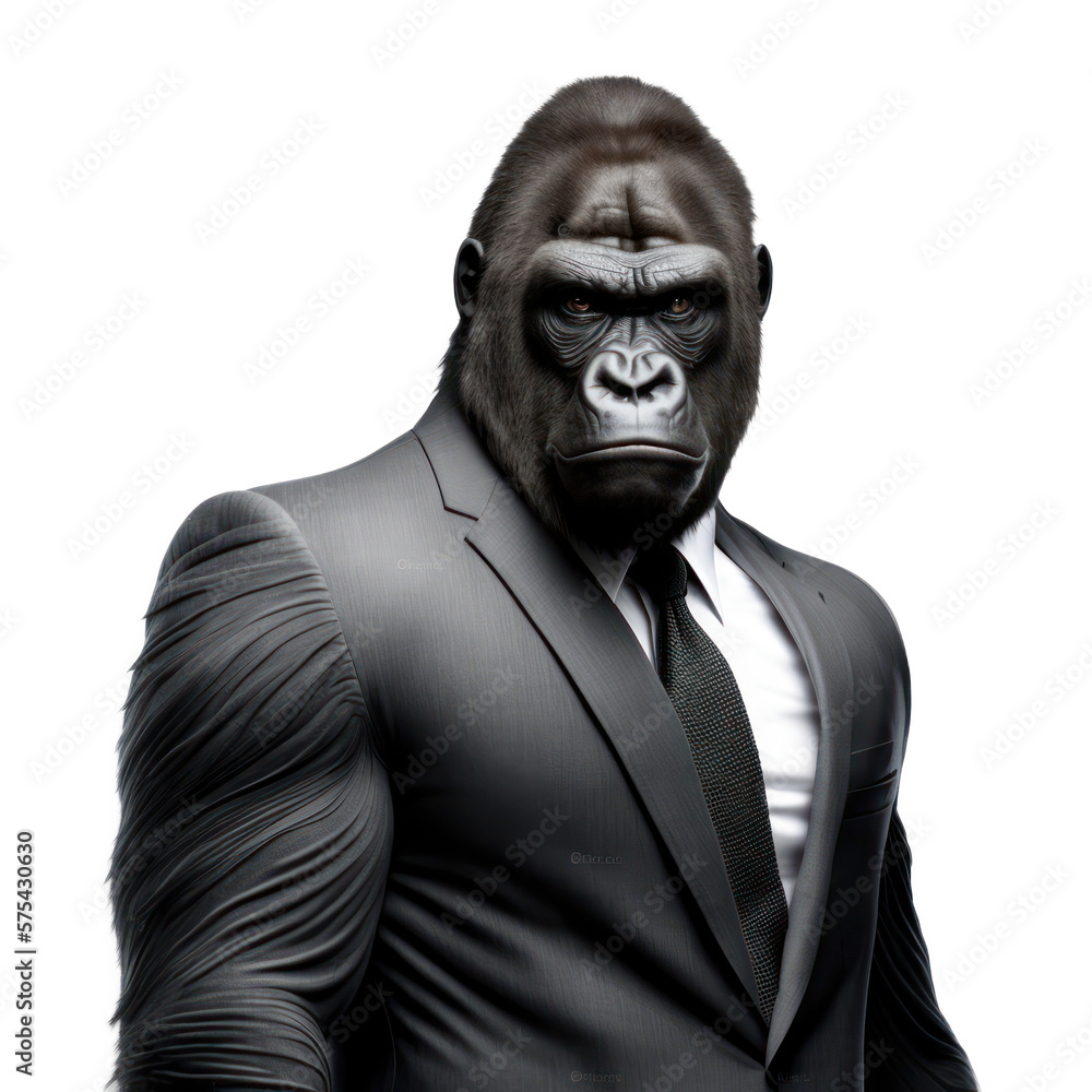 Portrait of a gorilla dressed in a formal business suit on white background, transparent png, generative ai Portrait of a gorilla dressed in a formal business suit on white background, transparent png, generative ai