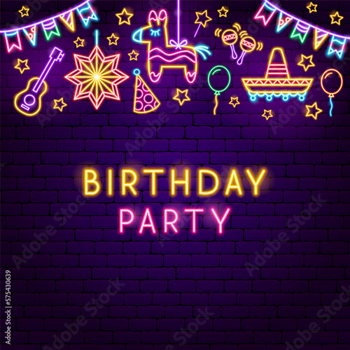 Birthday Party Pinata Neon Background. Vector Illustration of Hispanic Religion Holiday Glowing Led Electric Light.