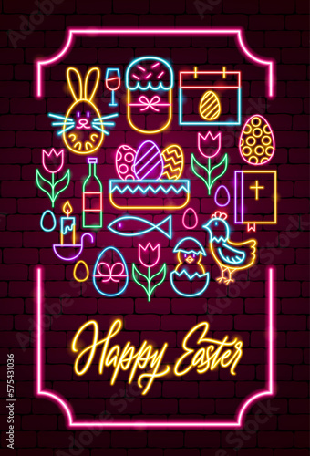 Happy Easter Neon Poster. Vector Illustration of Spring Christianity Religion Holiday Glowing Led Electric Light.