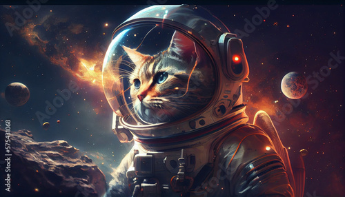 Gato astronauta, dentro de un traje espacial , contemplando un universo nuevo descubierto lleno de estrellas , nebulosas y planetas. Generado con IA photo