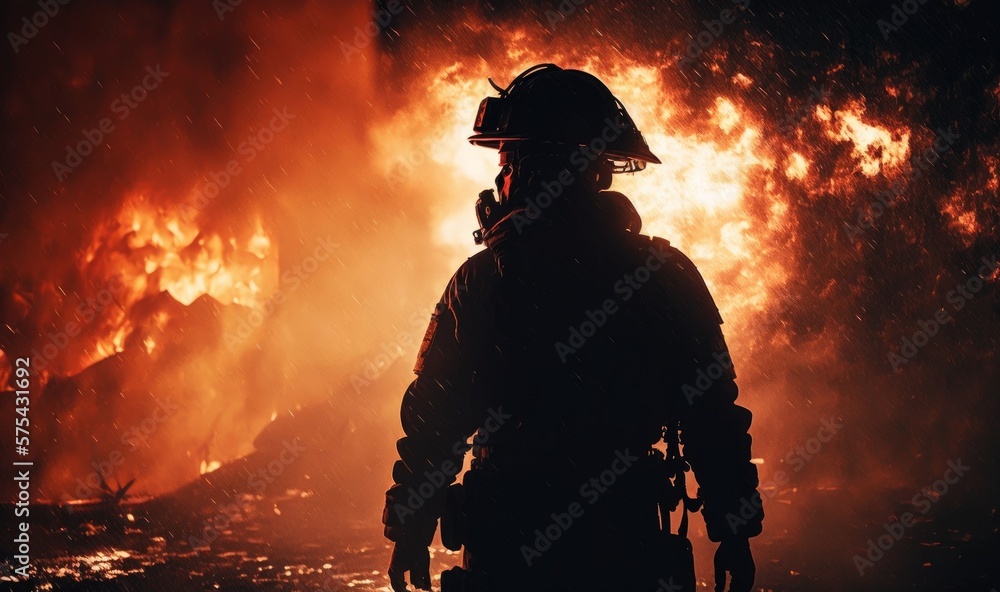 Firefighter silhouette surrounded by burning forest. Generative ai. Firefighter silhouette surrounded by burning forest. Generative ai.