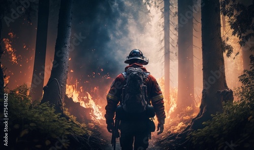 Firefighters in the middle of a forest engulfed in fire flames. Generative ai.