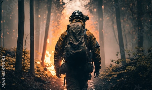 Firefighters in the middle of a forest engulfed in fire flames. Generative ai. © Ivan