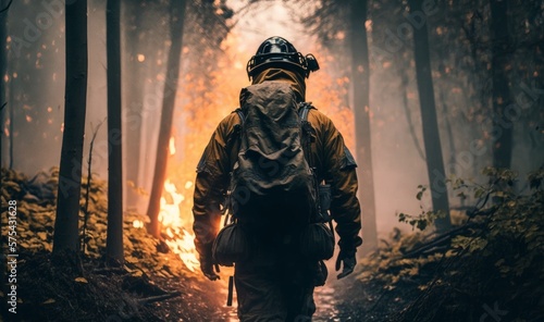 Firefighters in the middle of a forest engulfed in fire flames. Generative ai.