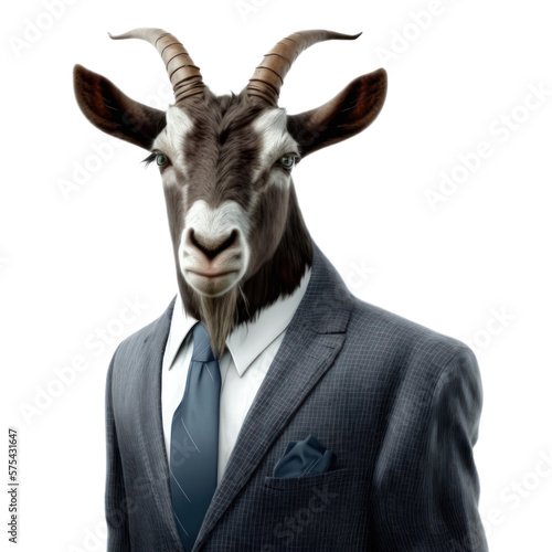Portrait of a goat dressed in a formal business suit on white background, transparent png, generative ai © Rawf8