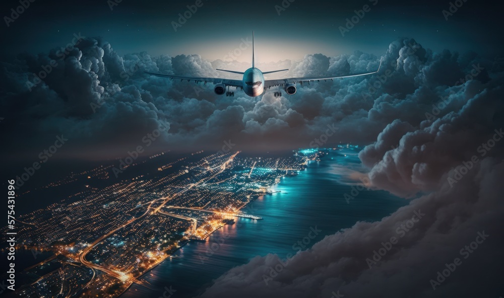 Naklejka premium Commercial airplane flying between clouds and above the city. Storm. Generative ai.