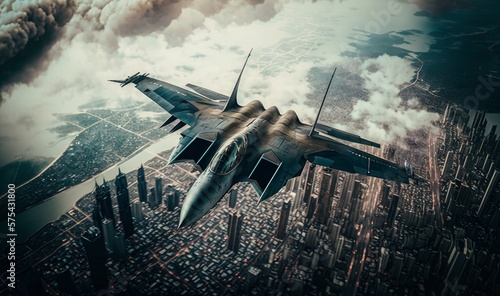 Fighter plane flying over the city at war. Generative ai.