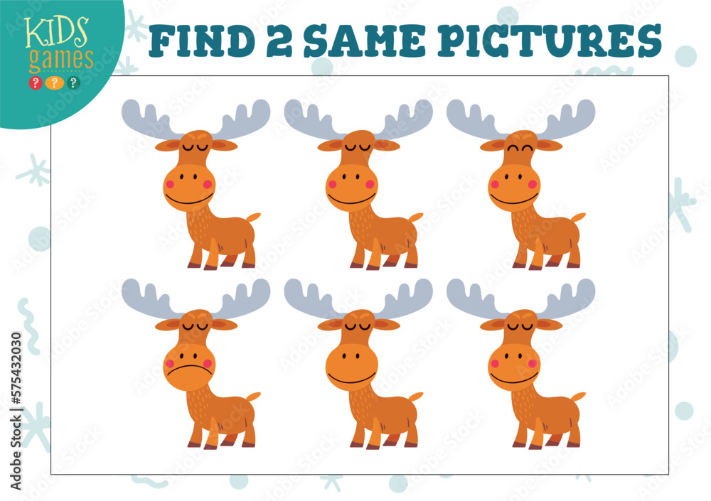 Find two same pictures kids game vector illustration. Find two same pictures kids game vector illustration.