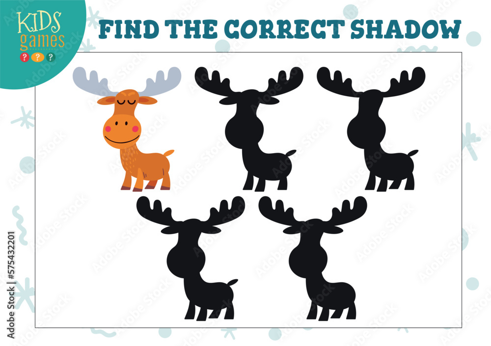 Find the correct shadow for cute cartoon elk educational preschool kids mini game