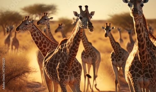 Herd of cute giraffes in the sunny savannah of Africa. Generative ai.