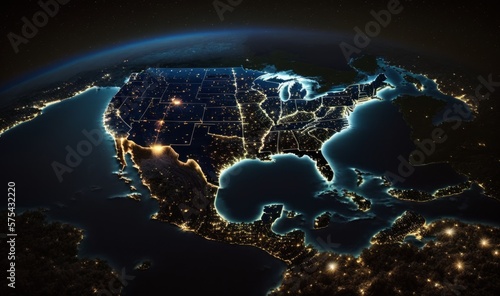 Globe of the world from the galaxy. Night landscape. America. Planet Earth. Map. Generative ai.