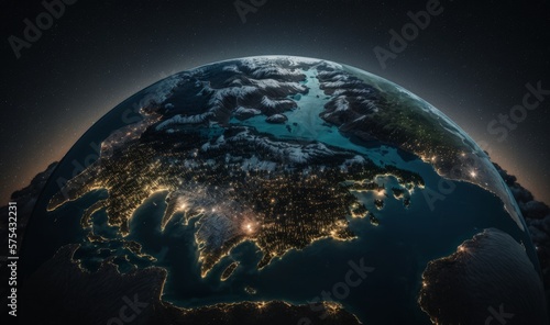 Globe of the world from the galaxy. Night landscape. America. Planet Earth. Map. Generative ai.