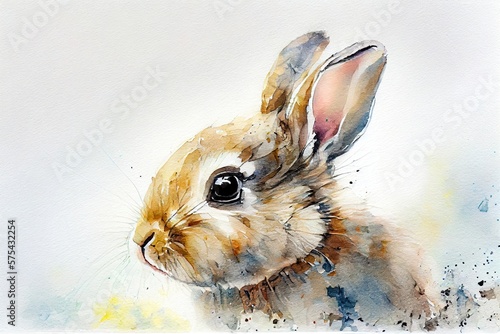 Portrait little cute rabbit in watercolor. Easter bunney in colored background, kids room decor, for your wall stickers, pictures. Background, wallpaper. Generative AI photo