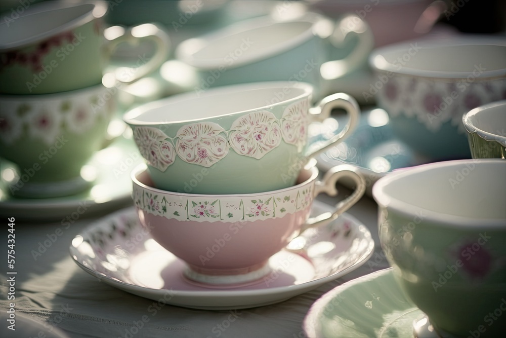 Tea Party in the Afternoon, with Pretty Pastel Tea Cups Lined Up. Generative AI Tea Party in the Afternoon, with Pretty Pastel Tea Cups Lined Up. Generative AI