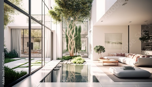 beautiful modern minimalistic interior design with large windows and modern furniture, generative AI © Roman King