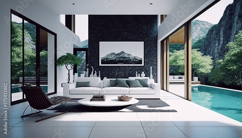 beautiful modern minimalistic interior design with large windows and modern furniture  generative AI