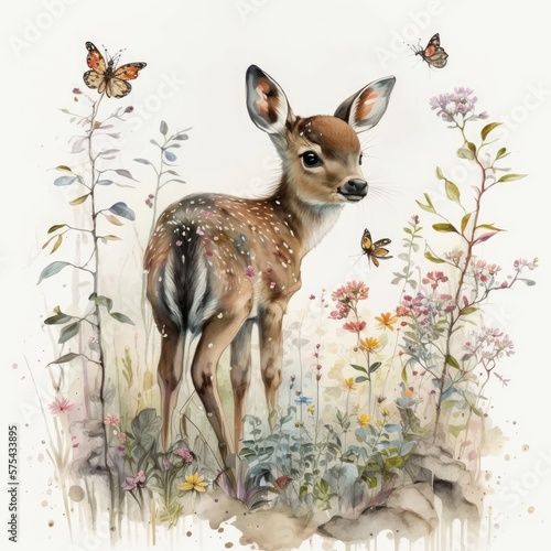 A charming watercolor painting of a playful baby deer standing among a forest of branches and wildflowers Generative by Ai