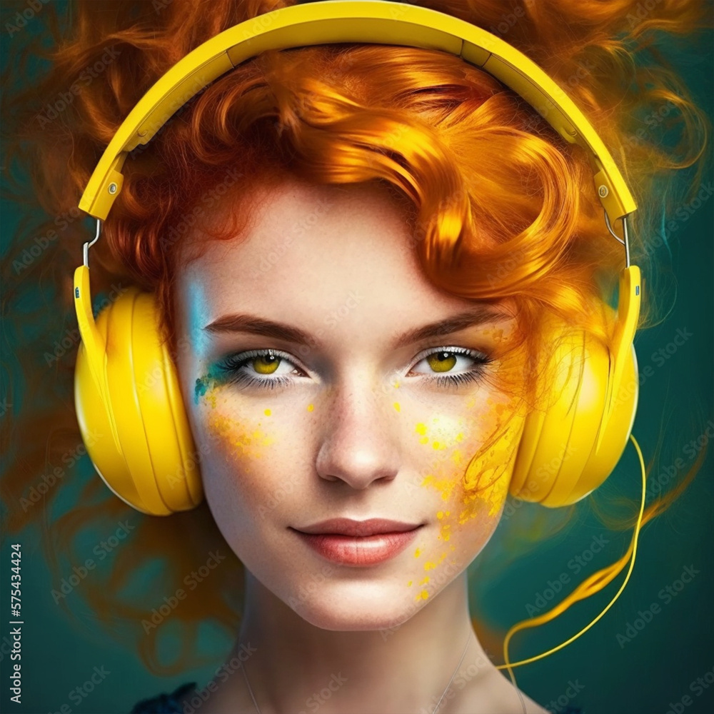 AI Generated - red-haired woman with yellow headphones listening to music