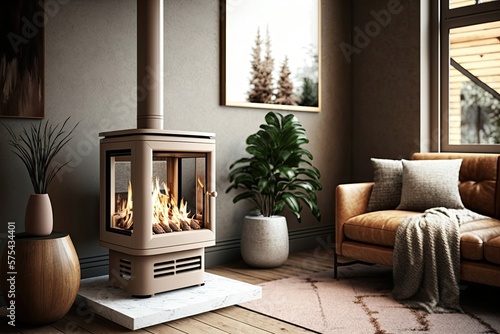 Gas stove in the interior of a modern living room. Generative AI photo