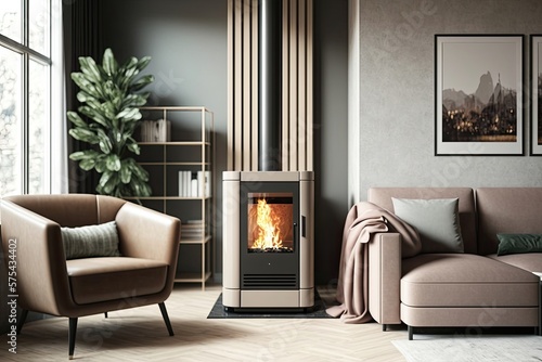 Gas stove in the interior of a modern living room. Generative AI
