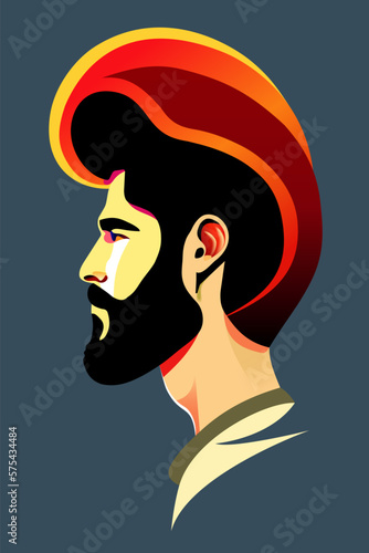 Middle eastern male portrait in profile, 1960s, 1970s, 1980s poster style, retro, futuristic, strong healthy hair, black beard, salon advertising