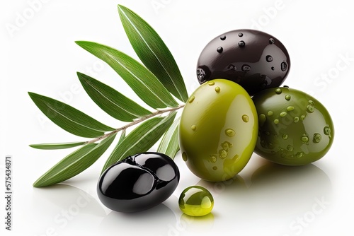 Fotografiet a solitary black and green olive on a white background Generative AI