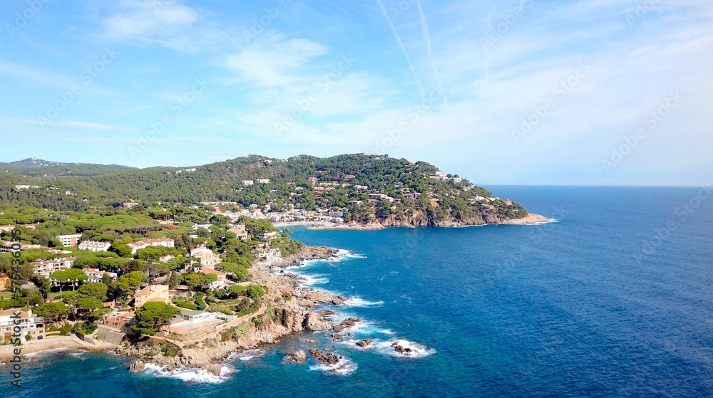 aerial view of the coastline with exclusive houses of the Mediterranean Sea between Calella de Palafrugell and Llafranc at the Costa Brava, tourism, Palafrugell, Baix Empordà, Girona, Catalonia, Spain