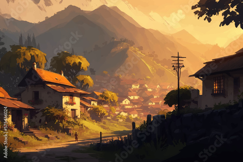 Village in a lush hilly grassy landscape in sunny day painting. Vector illustration 