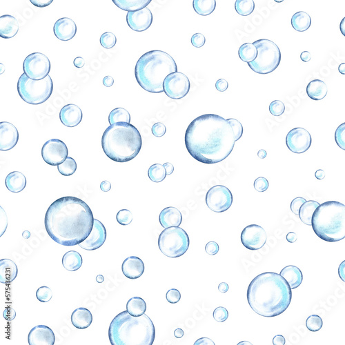 Transparent drops of water. Seamless pattern with water bubbles. Watercolor hand drawn. Label and textile