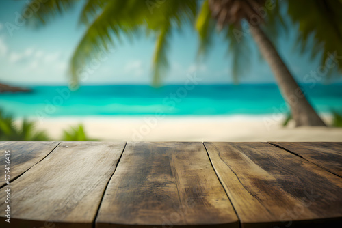 Wood table with blurred sea and coconut tree background - Empty ready for your product display montage. Concept of beach in summer. Generative AI