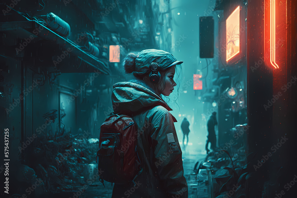 Woman on the streets at night, Cyberpunk, futuristic, made with Generative AI
