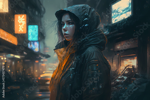 Girl on the street at night, Cyberpunk, futuristic, made with Generative AI