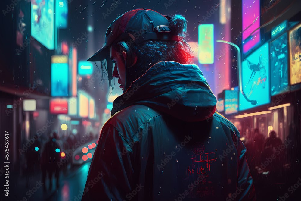 Boy on the street at night, Cyberpunk, futuristic, made with Generative AI