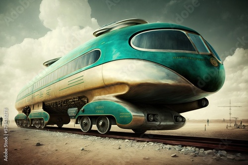 illustration of the future of transport, futuristic train leaving the city, futuristic vehicle