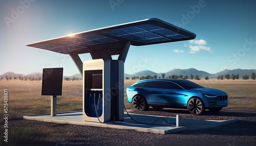 Autonomous charging station with solar panels for charging electric cars. Generative AI.