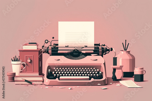 Pink classic typewriter with mechanical keyboard and copy space paper page on table at home office, close to books, stationery and decor. Cartoon illustration generative AI