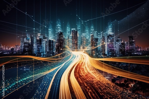 Smart Digital City Skyline with High Speed Light Trail of Cars of Digital Data Transfer. Information Superhighway, Cloud Computing, Neural Network, Social Media Connections Concept Background. 