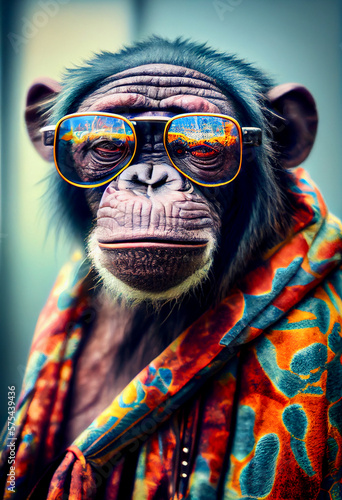 Generative AI abstract render of a hippie Chimpanzee © Schneestarre